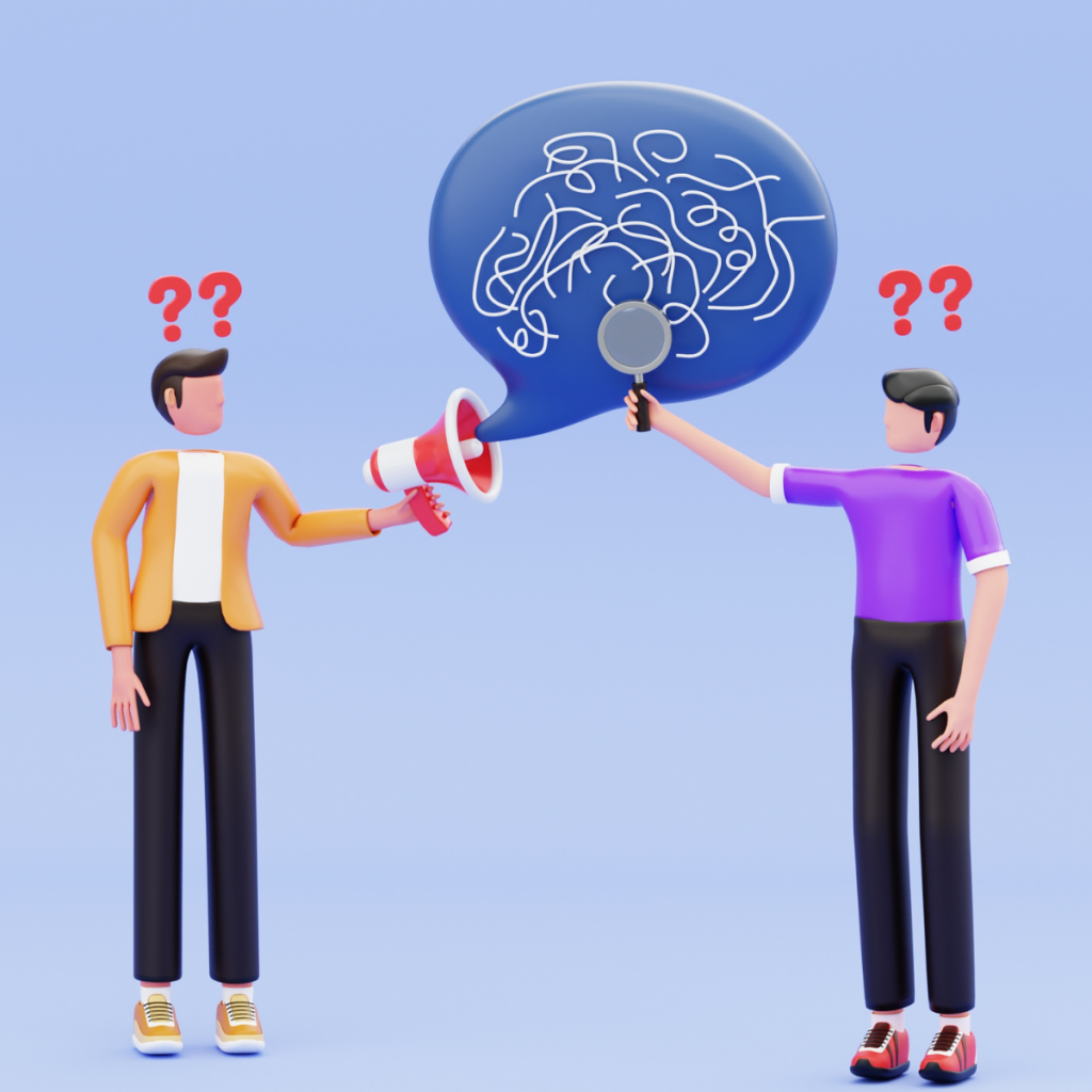 Illustration of two people, one holding a megaphone with a tangled speech bubble and the other holding a magnifying glass, symbolizing confusion and communication issues