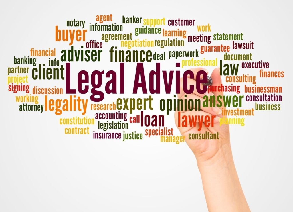 Word cloud representing legal advice, law, and finance concepts with a hand highlighting the word "Legal Advice"